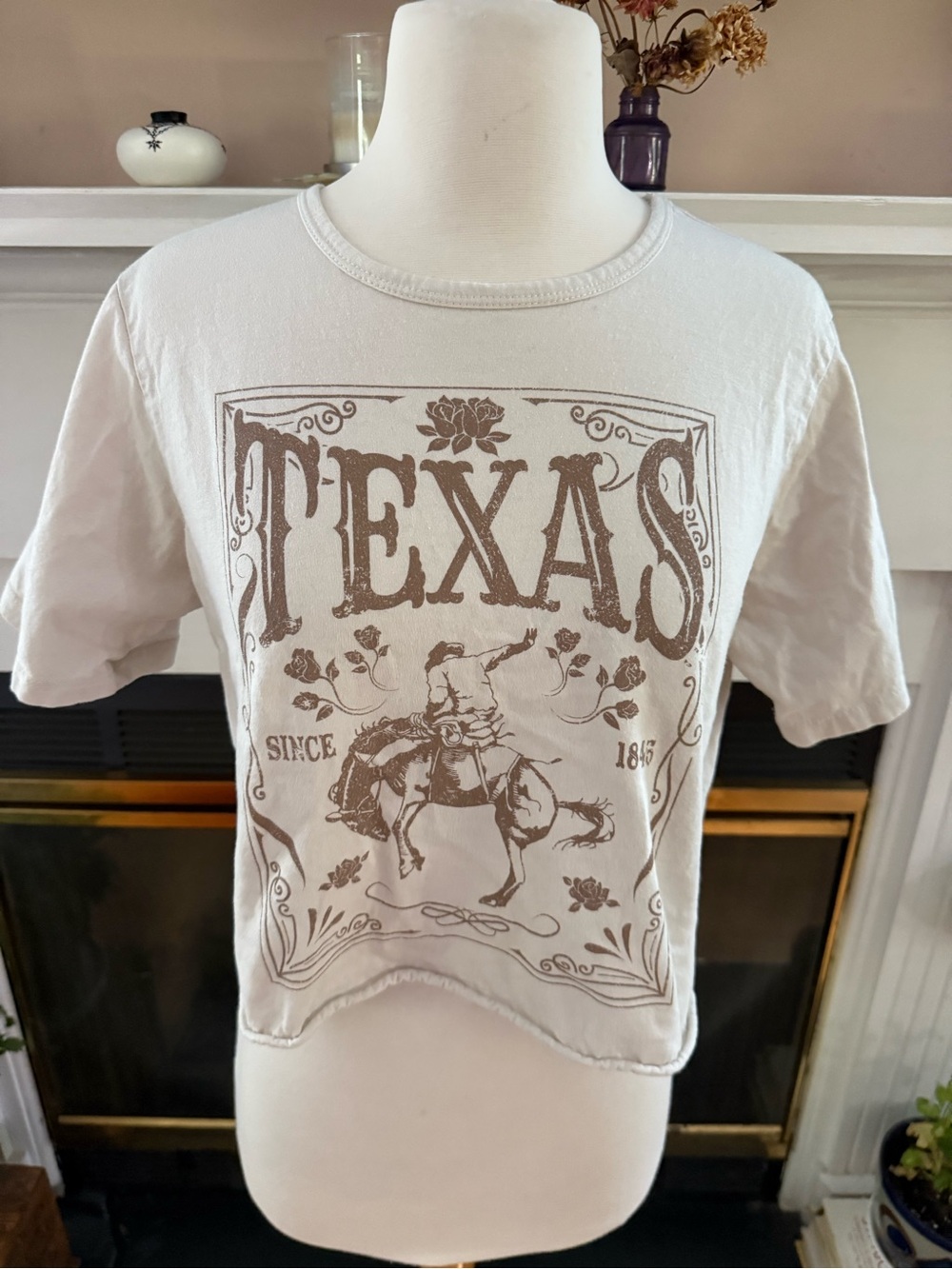 Altar’d State Texas Cropped Graphic Tee - Cream with Brown Print size small